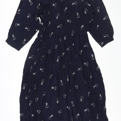 Cartoon Womens Blue Geometric Viscose Maxi Size 14 Round Neck Button - Vintage
