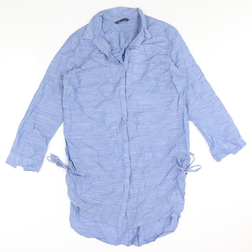 Marks and Womens Blue Cotton Shirt Dress Size 12 Collared Button - Drawstring Detail