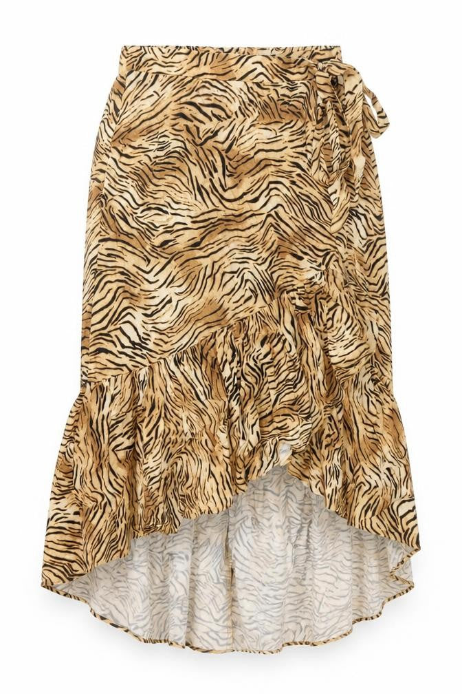 New Look Womens Brown Animal Print Viscose Wrap Skirt Size 10 Tie - Hi-Low Frill Tiger Print