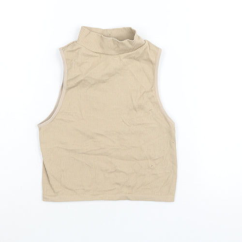 Zara Womens Beige Polyamide Cropped Tank Size M Mock Neck - Ribbed Size M-L