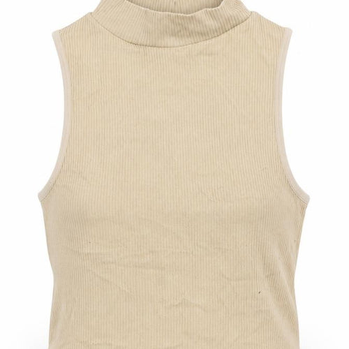 Zara Womens Beige Polyamide Cropped Tank Size M Mock Neck - Ribbed Size M-L
