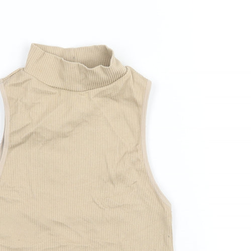 Zara Womens Beige Polyamide Cropped Tank Size M Mock Neck - Ribbed Size M-L