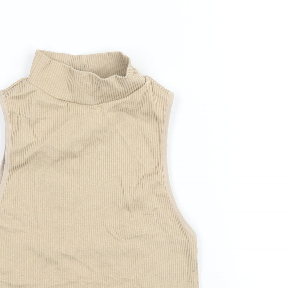 Zara Womens Beige Polyamide Cropped Tank Size M Mock Neck - Ribbed Size M-L