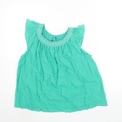 Marks and Spencer Womens Green Cotton Basic Blouse Size 6 Round Neck - Rouched Embroidered Neckline