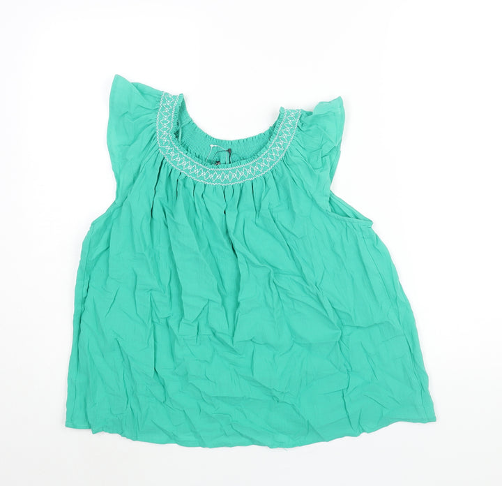 Marks and Spencer Womens Green Cotton Basic Blouse Size 6 Round Neck - Rouched Embroidered Neckline