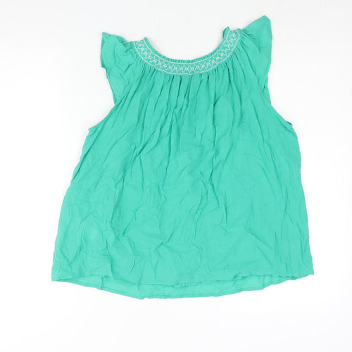Marks and Spencer Womens Green Cotton Basic Blouse Size 6 Round Neck - Rouched Embroidered Neckline