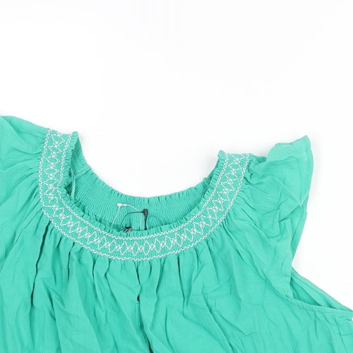 Marks and Spencer Womens Green Cotton Basic Blouse Size 6 Round Neck - Rouched Embroidered Neckline