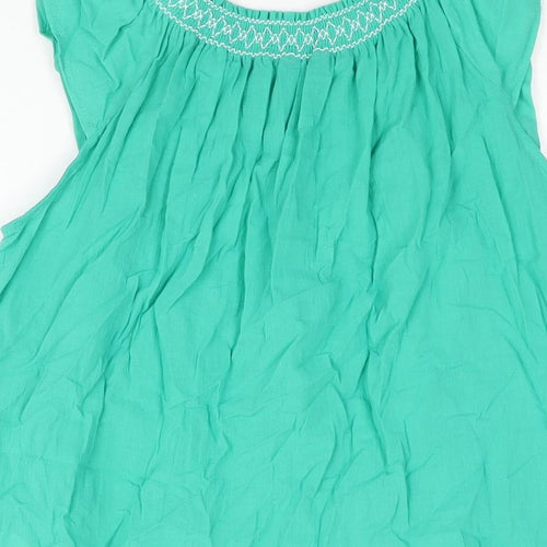 Marks and Spencer Womens Green Cotton Basic Blouse Size 6 Round Neck - Rouched Embroidered Neckline