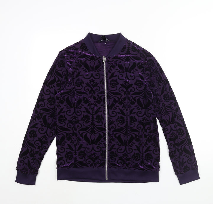 Christopher Fink Womens Purple Geometric Bomber Jacket Jacket Size S Zip - Semi Sheer