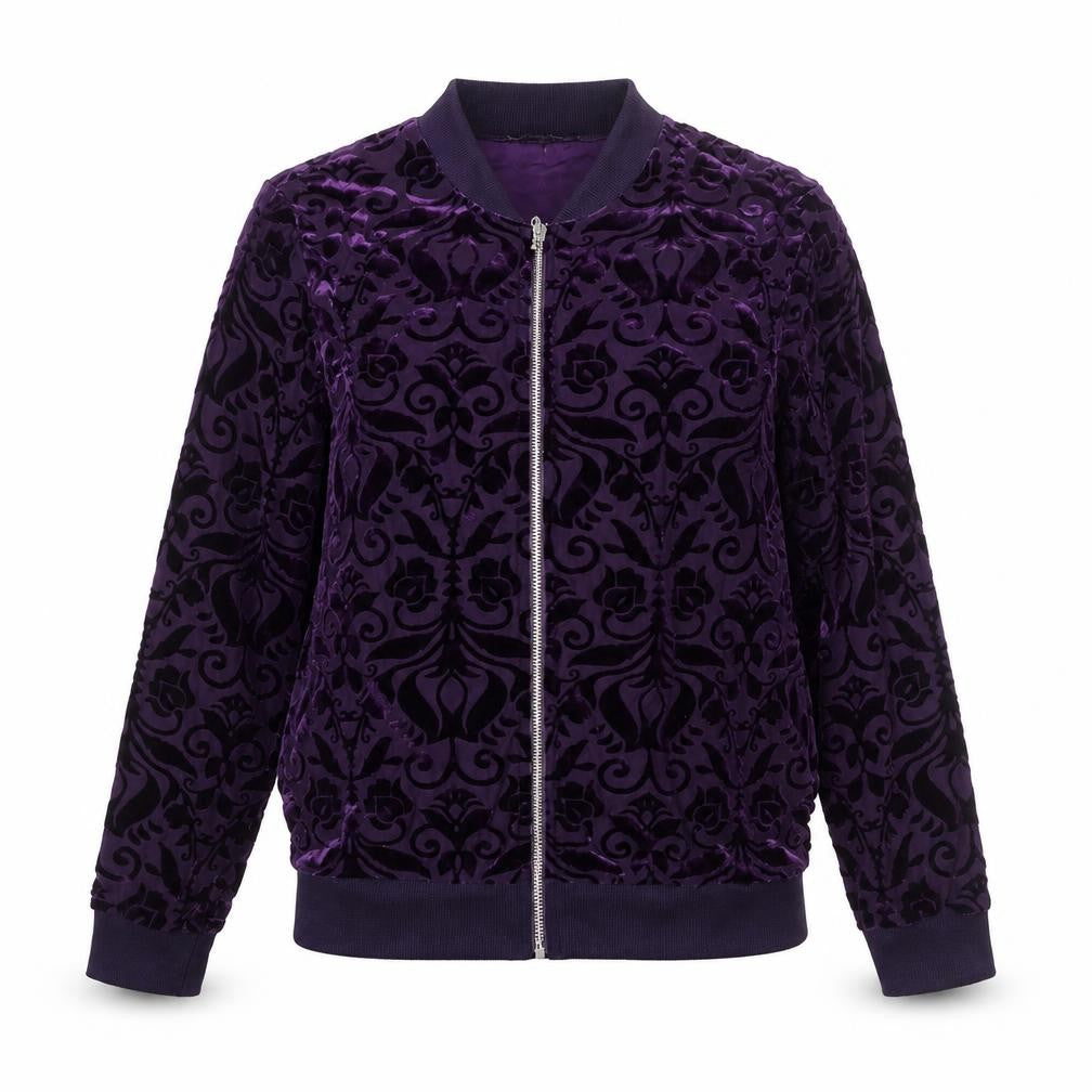 Front view of Christopher Fink women’s purple geometric bomber jacket jacket, size S, zip - semi sheer