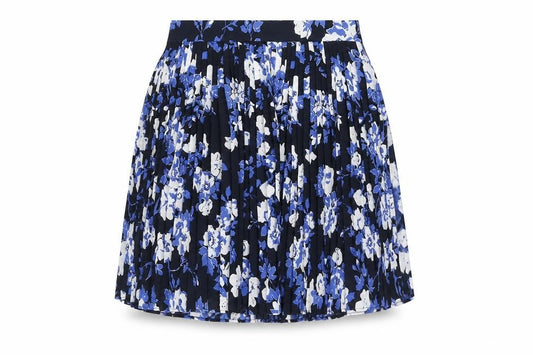 Front view of Jack Wills women’s blue floral polyester pleated skirt, size UK 8, zip