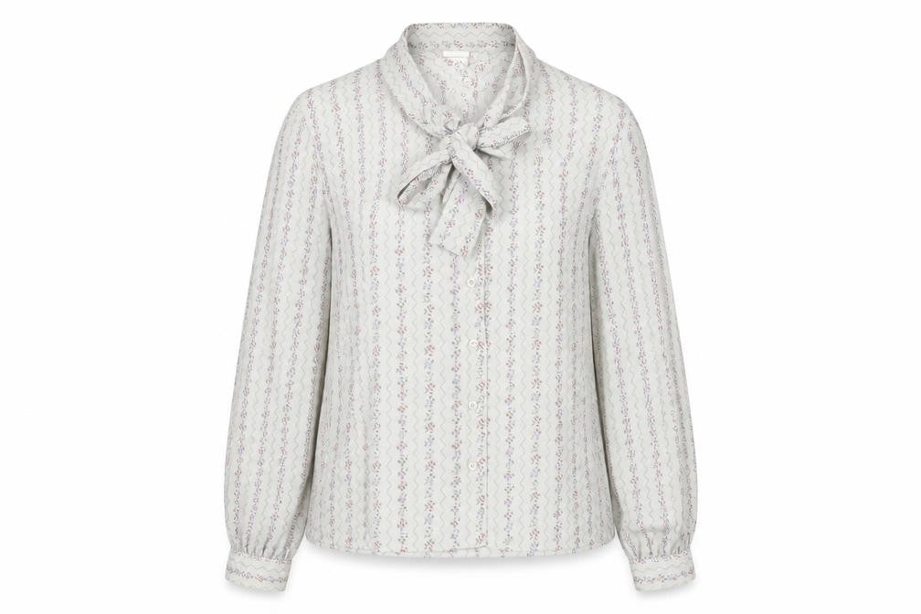 Front view of LUCIA women’s grey geometric polyester basic blouse, size UK 16, mock neck - tie detail