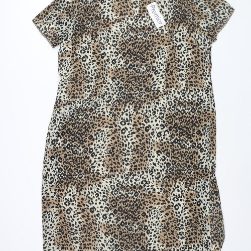 Premier Collection Womens Brown Animal Print Polyester Shift Size 24 Round Neck Zip - Leopard Print