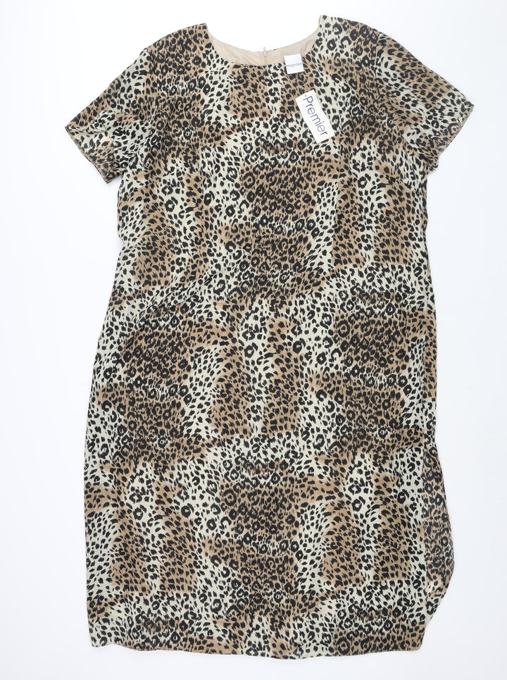 Premier Collection Womens Brown Animal Print Polyester Shift Size 24 Round Neck Zip - Leopard Print