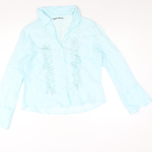 Per Una Womens Blue Cotton Basic Button-Up Size 18 Collared - Floral Embroidery