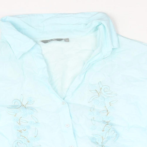 Per Una Womens Blue Cotton Basic Button-Up Size 18 Collared - Floral Embroidery