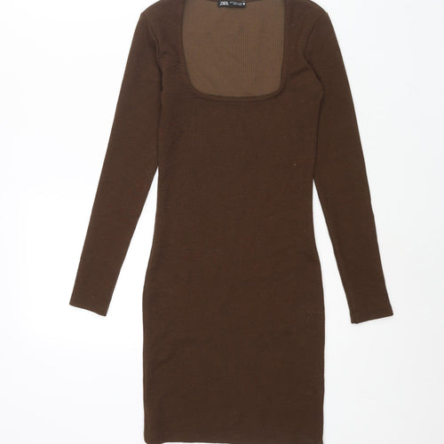 Zara Womens Brown Polyester Bodycon Size S Scoop Neck Pullover - Ribbed
