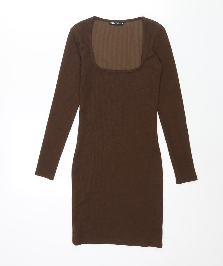 Zara Womens Brown Polyester Bodycon Size S Scoop Neck Pullover - Ribbed