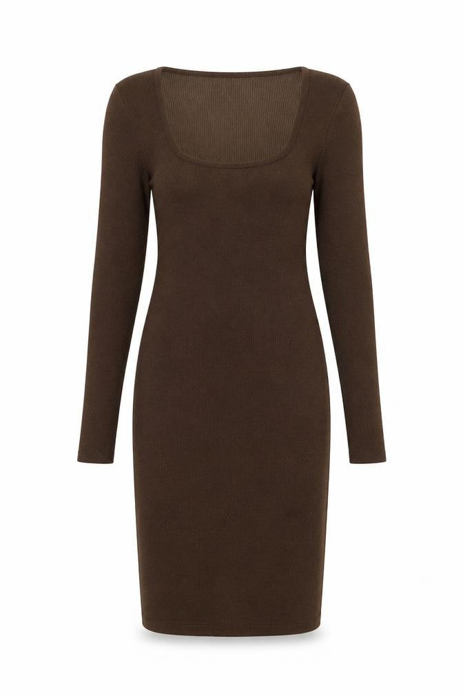 Front view of Zara women’s brown polyester bodycon, size S, scoop neck pullover - ribbed