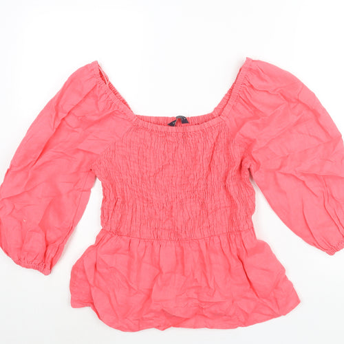 Marks and Spencer Womens Pink Linen Basic Blouse Size 6 Scoop Neck - Rouched Peplum