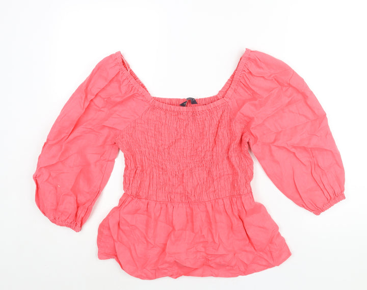 Marks and Spencer Womens Pink Linen Basic Blouse Size 6 Scoop Neck - Rouched Peplum