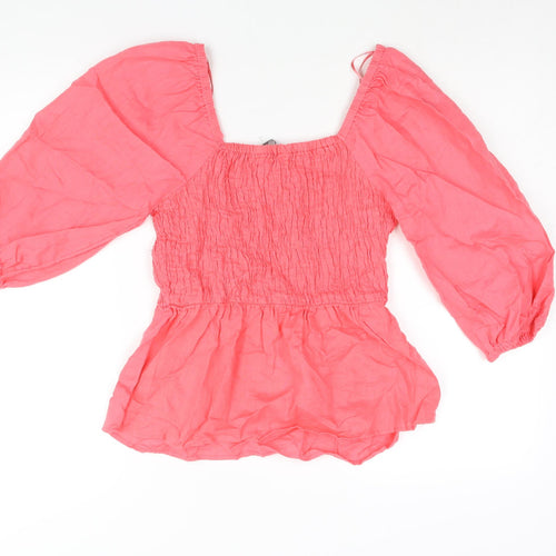Marks and Spencer Womens Pink Linen Basic Blouse Size 6 Scoop Neck - Rouched Peplum
