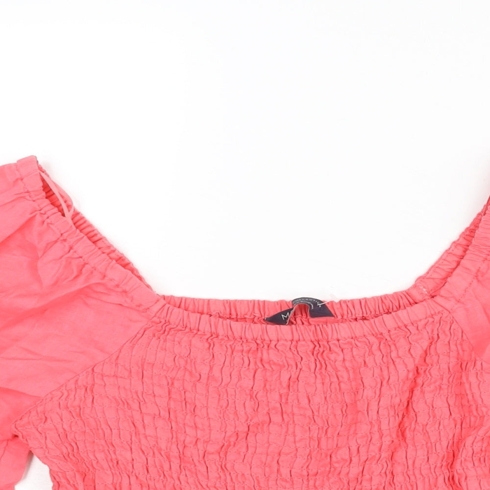 Marks and Spencer Womens Pink Linen Basic Blouse Size 6 Scoop Neck - Rouched Peplum