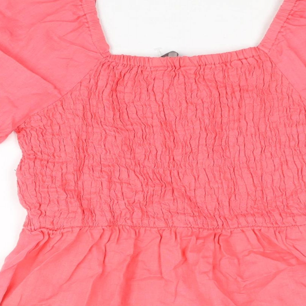 Marks and Spencer Womens Pink Linen Basic Blouse Size 6 Scoop Neck - Rouched Peplum