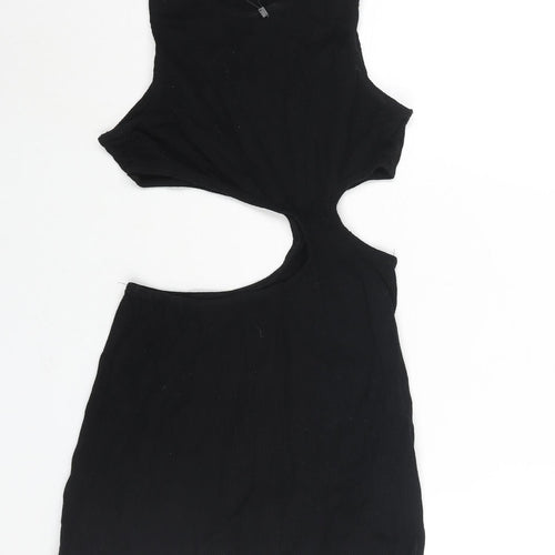 PRETTYLITTLETHING Womens Black Polyester Mini Size 10 Round Neck Pullover - Cut Out Waffle
