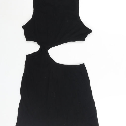 PRETTYLITTLETHING Womens Black Polyester Mini Size 10 Round Neck Pullover - Cut Out Waffle