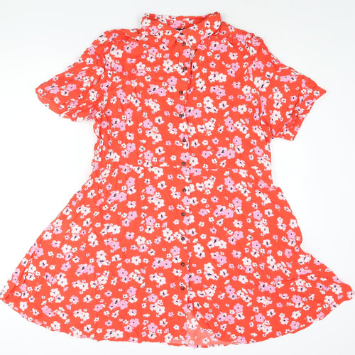 Marks and Spencer Womens Red Floral Viscose Shirt Dress Size 20 Collared Button - Belted