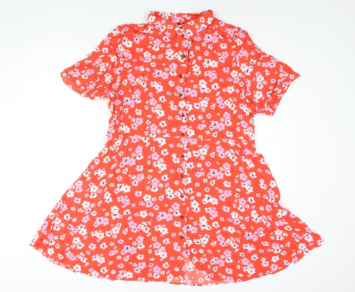Marks and Spencer Womens Red Floral Viscose Shirt Dress Size 20 Collared Button - Belted