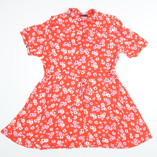Marks and Spencer Womens Red Floral Viscose Shirt Dress Size 20 Collared Button - Belted