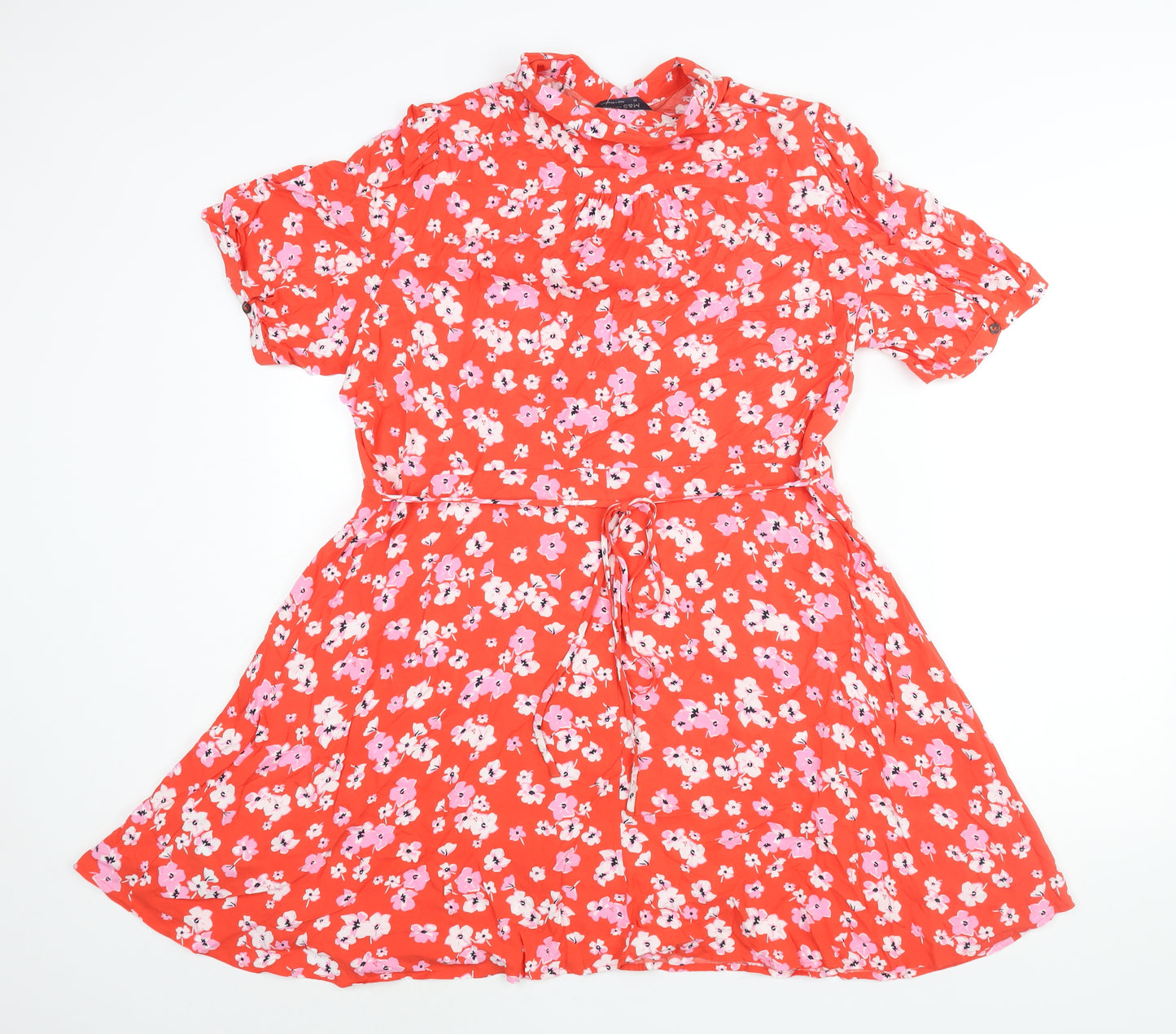 Marks and Spencer Womens Red Floral Viscose Shirt Dress Size 20 Collared Button - Belted