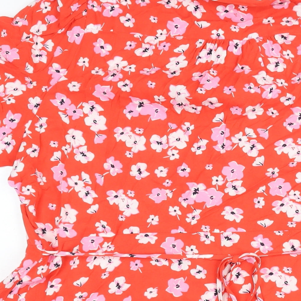 Marks and Spencer Womens Red Floral Viscose Shirt Dress Size 20 Collared Button - Belted