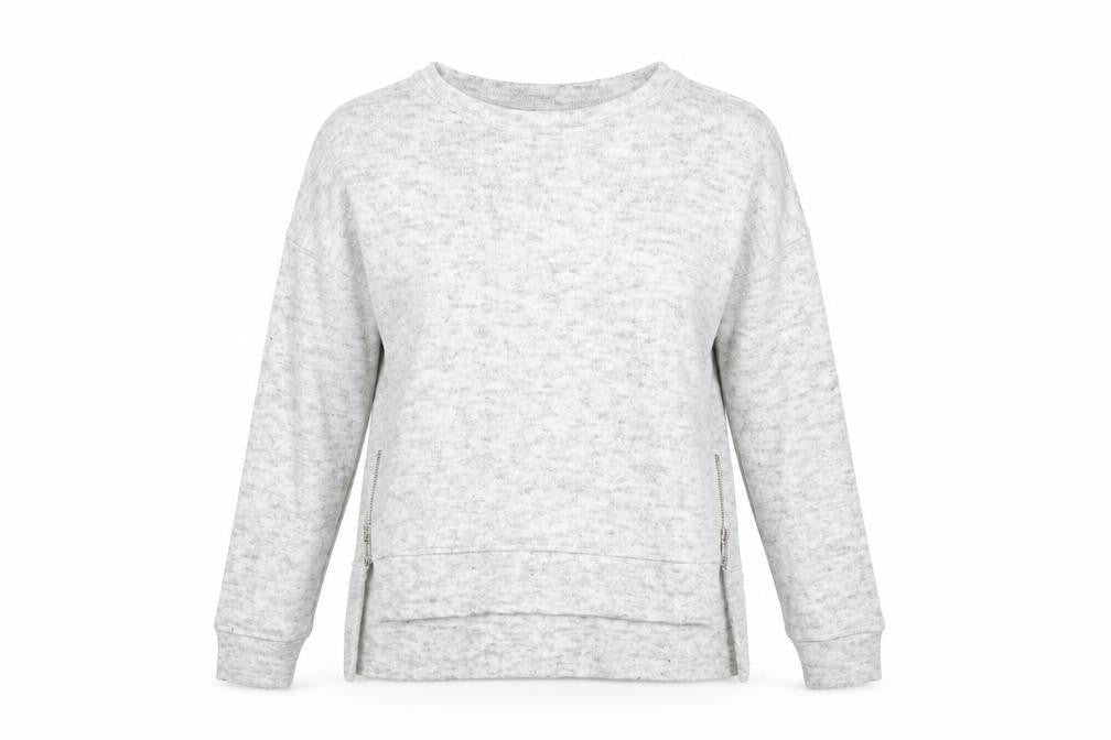 Front view of New Look women’s grey round neck acrylic jumper, size UK 8, - zip detail