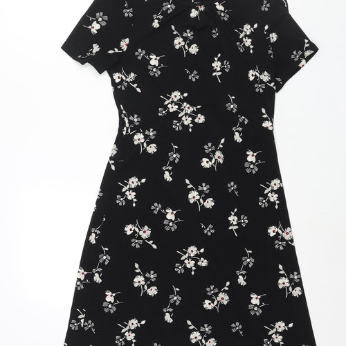 NEXT Womens Black Geometric Polyester Shift Size 6 Round Neck Button - Floral Print