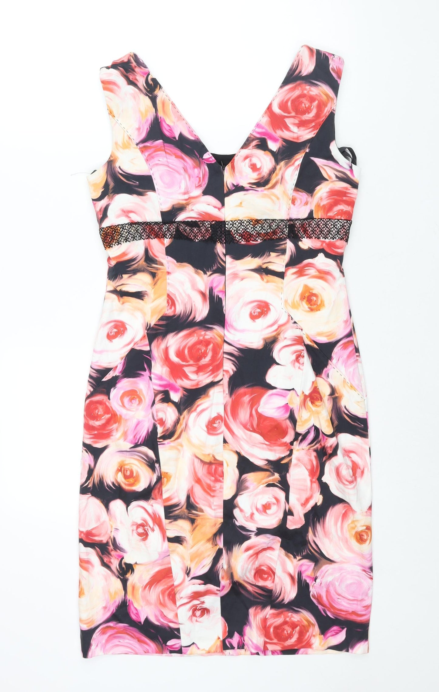 Vera Mont Womens Multicoloured Floral Cotton Pencil Dress Size 12 Sweetheart Zip - Lace Waistband Detail