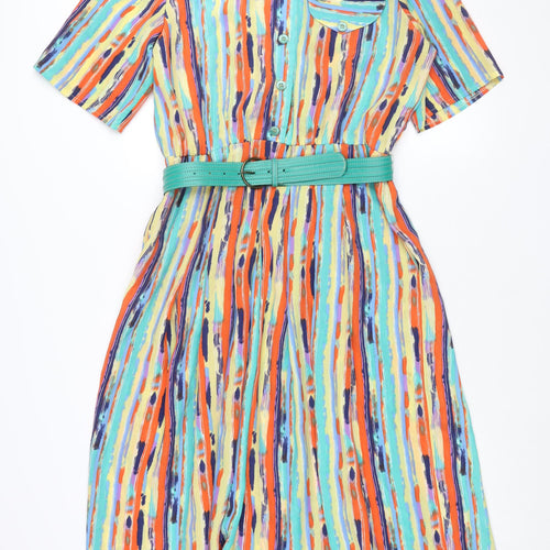 Shubette Womens Multicoloured Geometric Polyester Shift Size 14 Collared Button - Belted