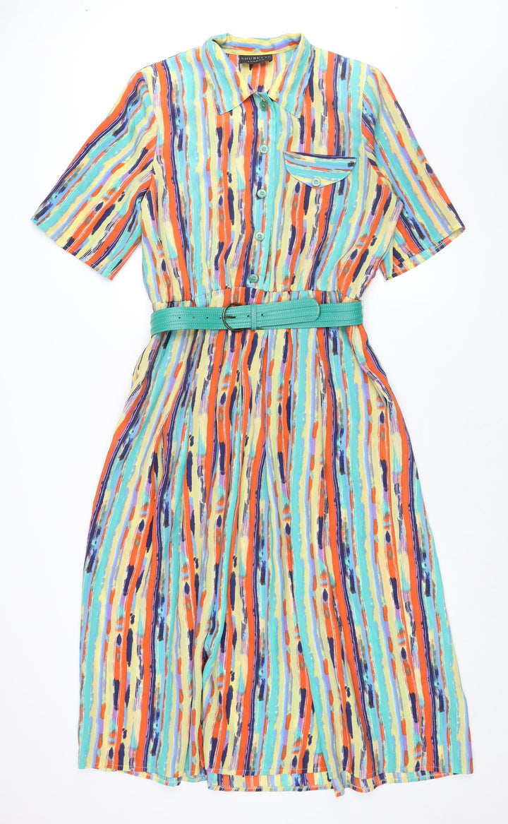Shubette Womens Multicoloured Geometric Polyester Shift Size 14 Collared Button - Belted