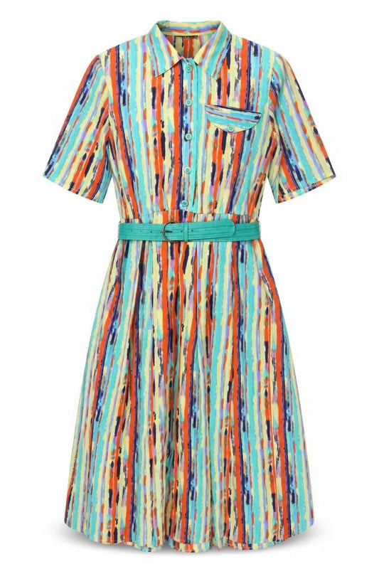 Front view of Shubette women’s multicoloured geometric polyester shift, size UK 14, collared button - belted