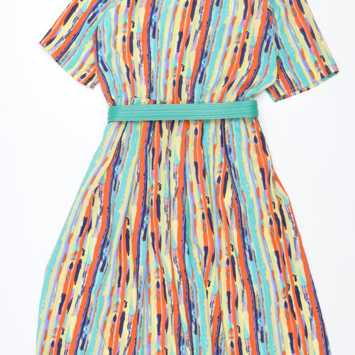 Shubette Womens Multicoloured Geometric Polyester Shift Size 14 Collared Button - Belted