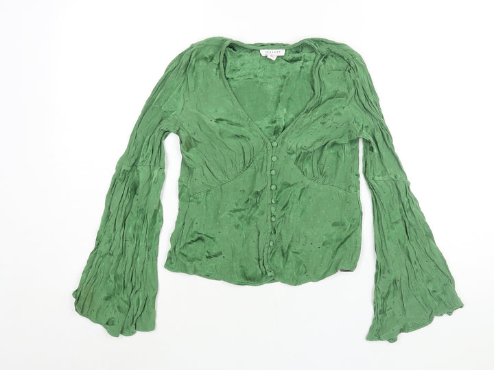 Topshop Womens Green Viscose Basic Blouse Size 8 V-Neck