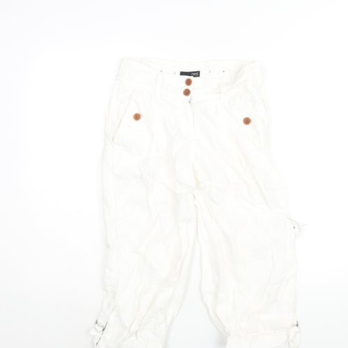 NEXT Womens White Cotton Cargo Trousers Size 6 L20 in Regular Zip - Buckle Detail