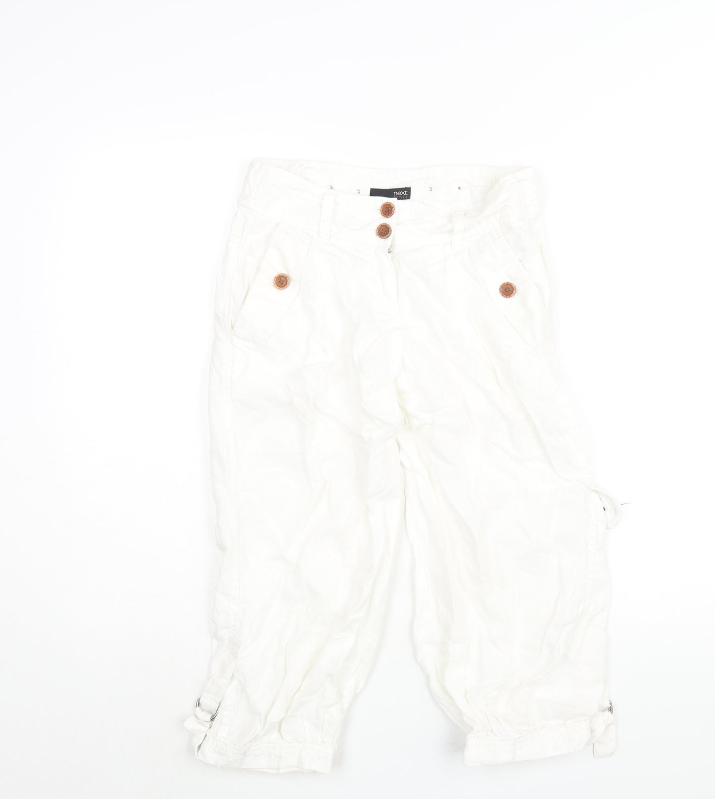 NEXT Womens White Cotton Cargo Trousers Size 6 L20 in Regular Zip - Buckle Detail