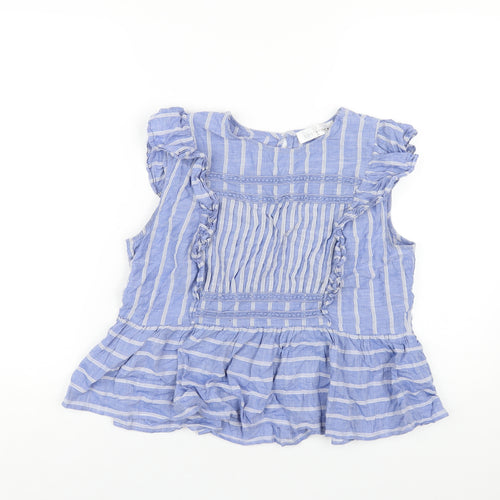 Lost Stock Womens Blue Striped Cotton Basic T-Shirt Size M Round Neck