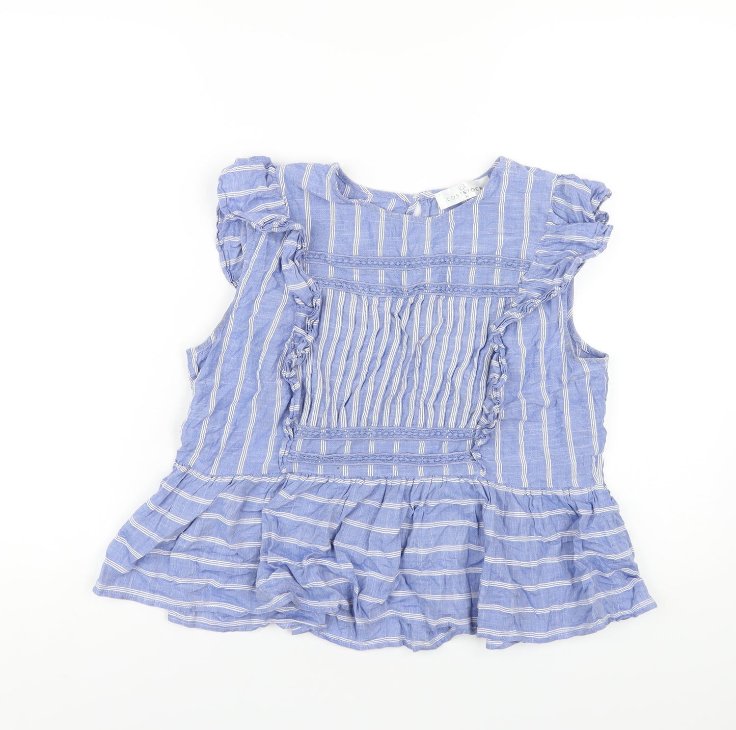 Lost Stock Womens Blue Striped Cotton Basic T-Shirt Size M Round Neck