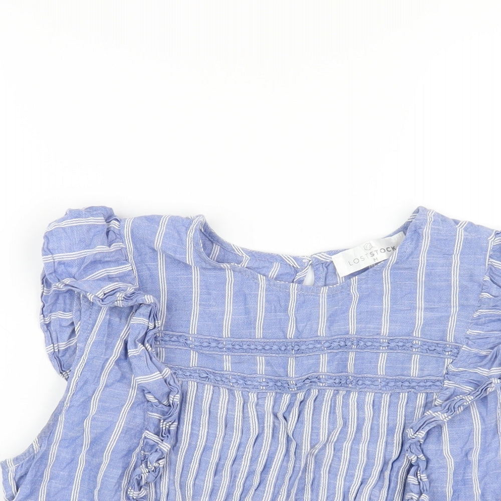 Lost Stock Womens Blue Striped Cotton Basic T-Shirt Size M Round Neck