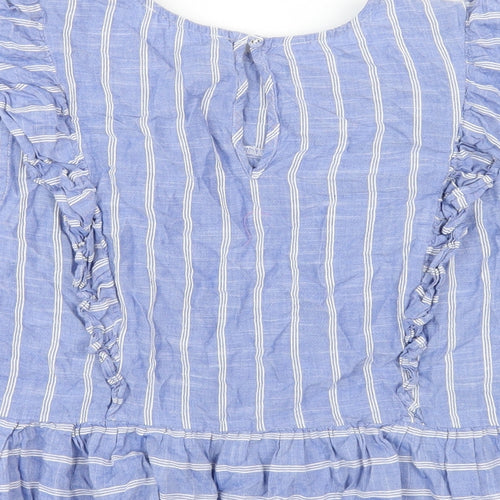 Lost Stock Womens Blue Striped Cotton Basic T-Shirt Size M Round Neck