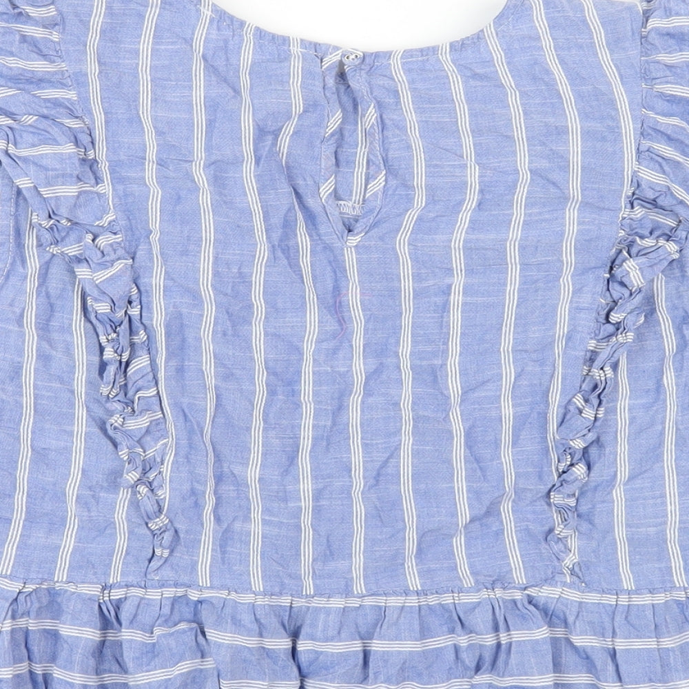 Lost Stock Womens Blue Striped Cotton Basic T-Shirt Size M Round Neck